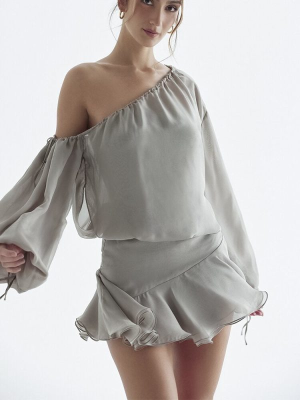 Grey Long Puff Sleeve Off-shoulder Mini Dress Grey Long Puff Sleeve Off-shoulder Mini Dress