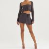 Grey Long Sleeve Crop Top And Mini Skirt Wrap Set Grey Long Sleeve Crop Top And Mini Skirt Wrap Set