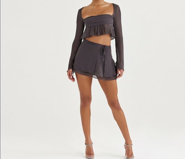 Grey Long Sleeve Crop Top And Mini Skirt Wrap Set Grey Long Sleeve Crop Top And Mini Skirt Wrap Set