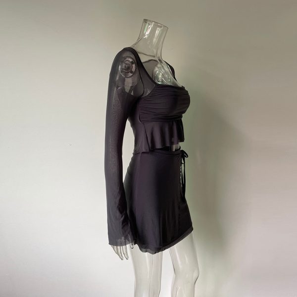 Grey Long Sleeve Crop Top And Mini Skirt Wrap Set Grey Long Sleeve Crop Top And Mini Skirt Wrap Set
