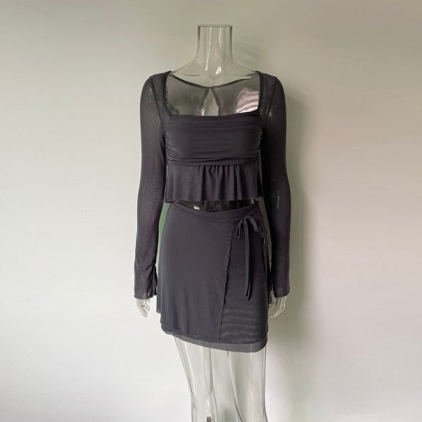 Grey Long Sleeve Crop Top And Mini Skirt Wrap Set Grey Long Sleeve Crop Top And Mini Skirt Wrap Set
