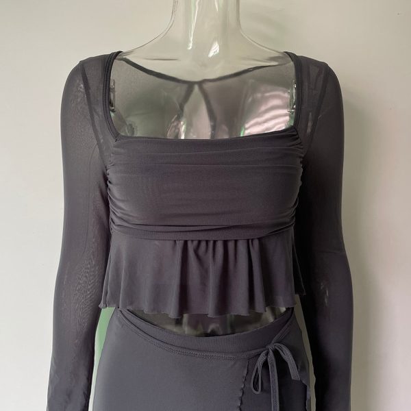 Grey Long Sleeve Crop Top And Mini Skirt Wrap Set Grey Long Sleeve Crop Top And Mini Skirt Wrap Set