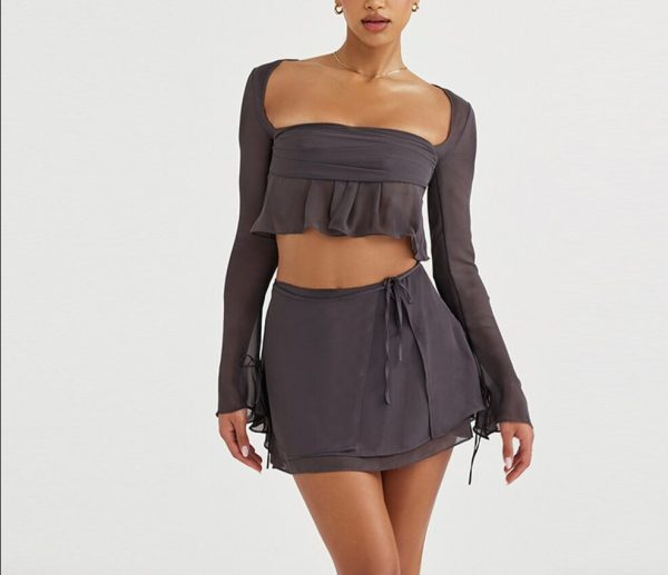 Grey Long Sleeve Crop Top And Mini Skirt Wrap Set Grey Long Sleeve Crop Top And Mini Skirt Wrap Set