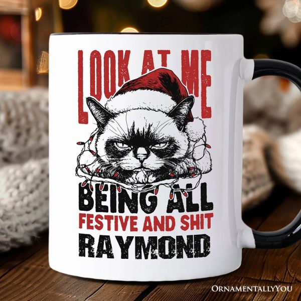 Grumpy Christmas Cat Personalized Mug, Funny Santa Hat Holiday Lights Gift for Sarcastic Festive People with Custom Name Grumpy Christmas Cat Personalized Mug, Funny Santa Hat Holiday Lights Gift for Sarcastic Festive People with Custom Name