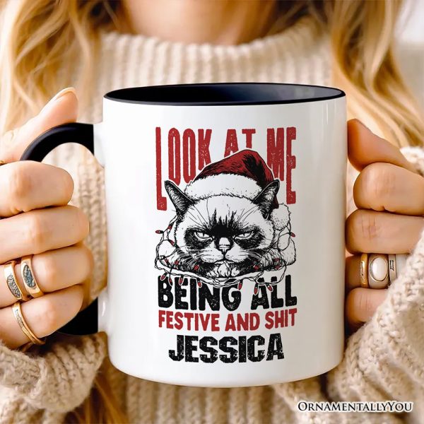 Grumpy Christmas Cat Personalized Mug, Funny Santa Hat Holiday Lights Gift for Sarcastic Festive People with Custom Name Grumpy Christmas Cat Personalized Mug, Funny Santa Hat Holiday Lights Gift for Sarcastic Festive People with Custom Name
