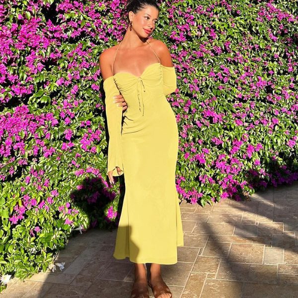 Halter Off Shoulder Long Sleeve Midi Dresses Halter Off Shoulder Long Sleeve Midi Dresses