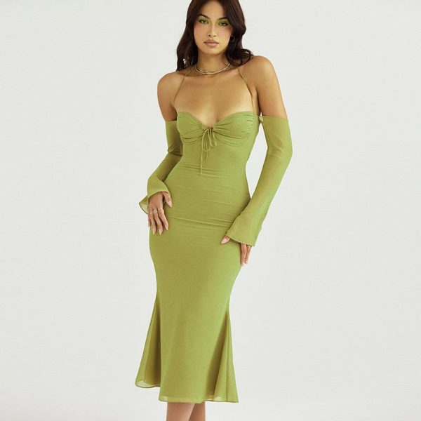 Halter Off Shoulder Long Sleeve Midi Dresses Halter Off Shoulder Long Sleeve Midi Dresses