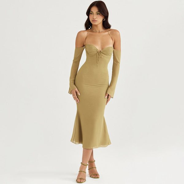Halter Off Shoulder Long Sleeve Midi Dresses Halter Off Shoulder Long Sleeve Midi Dresses