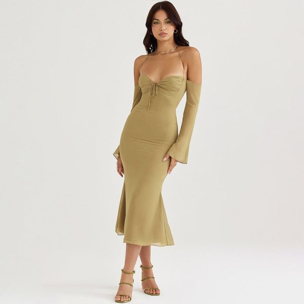Halter Off Shoulder Long Sleeve Midi Dresses Halter Off Shoulder Long Sleeve Midi Dresses