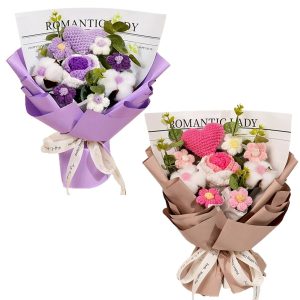 Handmade Crochet Pink and Purple Rose Bouquet Knitted Artificial Flowers Gift for Girlfriend