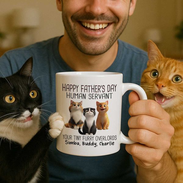 Happy Father's Day Human Servant Cartoon Funny Cats Personalized Mug, Gift For Cat Dad Happy Father's Day Human Servant Cartoon Funny Cats Personalized Mug, Gift For Cat Dad