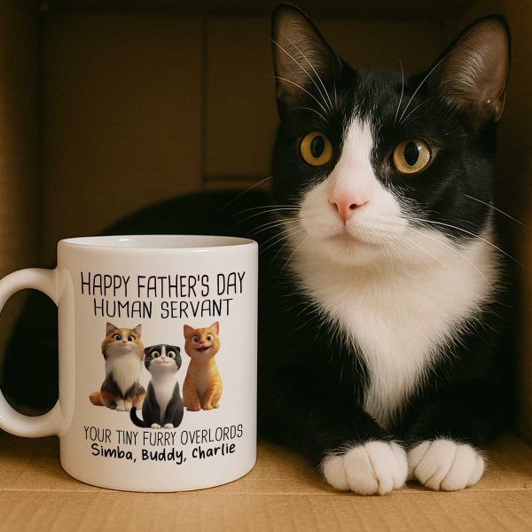 Happy Father's Day Human Servant Cartoon Funny Cats Personalized Mug, Gift For Cat Dad Happy Father's Day Human Servant Cartoon Funny Cats Personalized Mug, Gift For Cat Dad