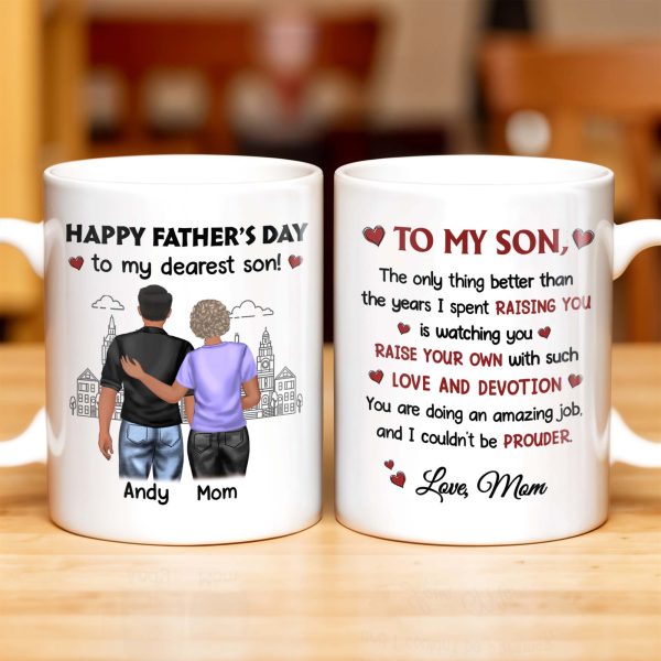 Happy Father's Day To My Dearest Son, Love And Devotion, Hearts And Cityscape - Personalized Custom Coffee Mug - SON034_MG Happy Father's Day To My Dearest Son, Love And Devotion, Hearts And Cityscape - Personalized Custom Coffee Mug - SON034_MG