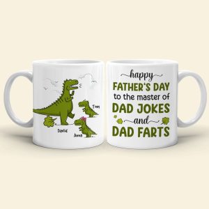 Happy Father's Day To The Master Of Dad Jokes, Personalized Mug, Gift For Dad, Father's Day Gift, Dinosaur Dad And Kids Mug