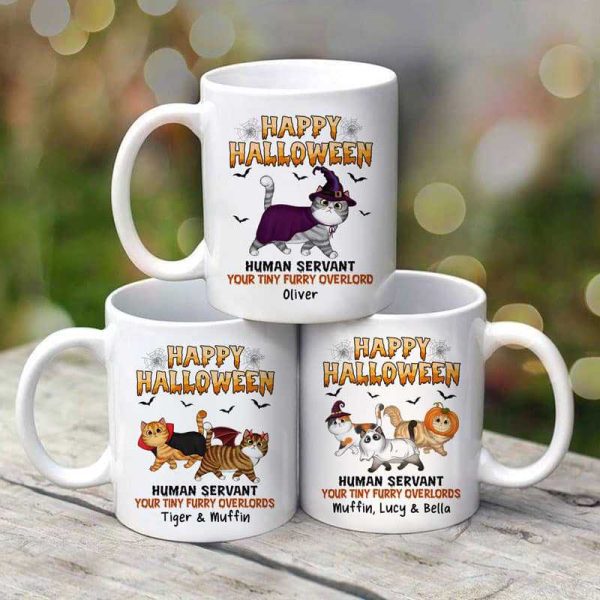 Happy Halloween Human Servant Walking Fluffy Cats Personalized Mug