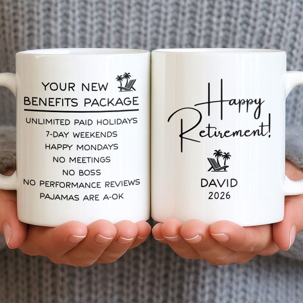 Happy Retirement Our New Benefits Package With Beach Chair And Palm Trees - Personalized Custom Coffee Mug - RETIRE031_MG