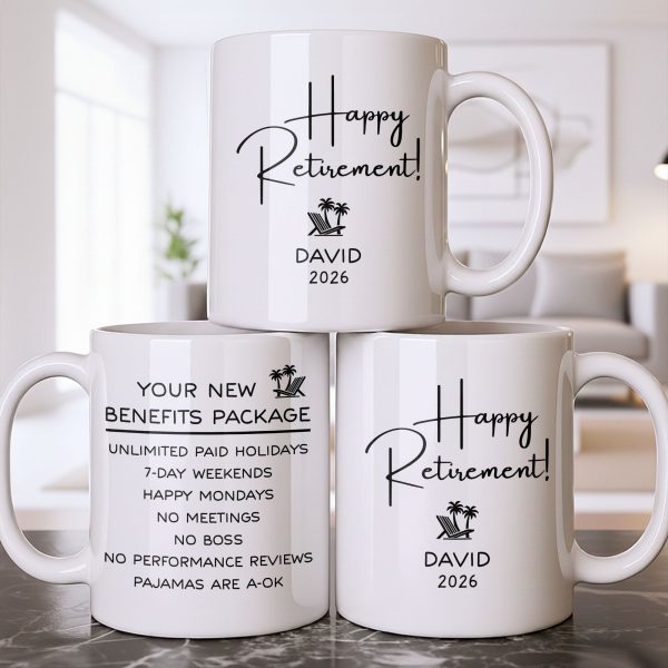 Happy Retirement Our New Benefits Package With Beach Chair And Palm Trees - Personalized Custom Coffee Mug - RETIRE031_MG