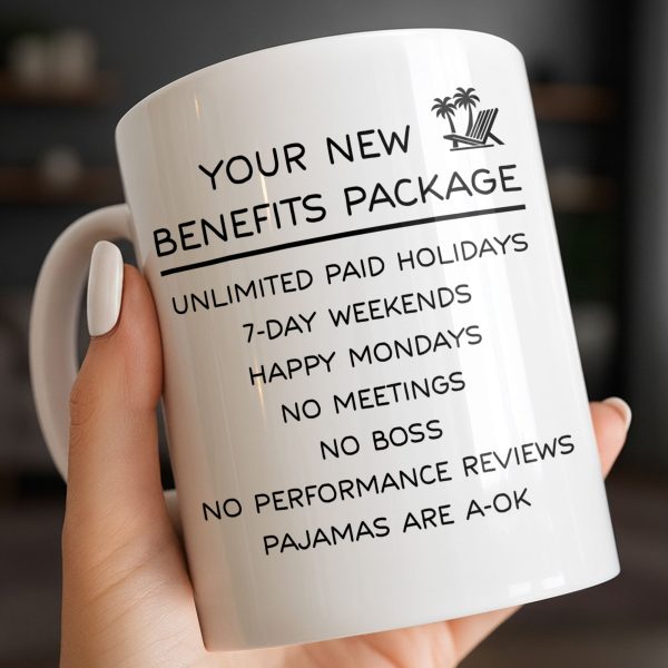 Happy Retirement Our New Benefits Package With Beach Chair And Palm Trees - Personalized Custom Coffee Mug - RETIRE031_MG