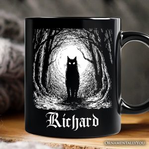 Haunted Forest Black Cat Personalized Mug, Spooky Halloween Night Gift with Custom Name