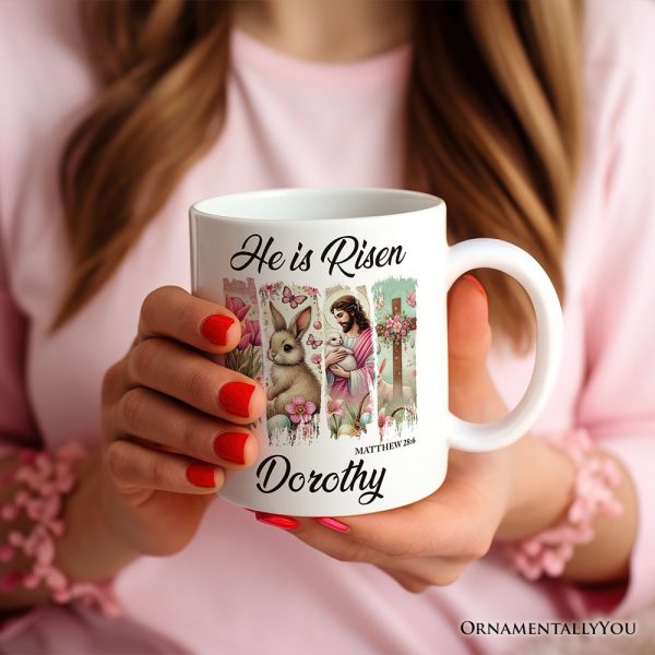 He Is Risen Easter Jesus Personalized Mug, Matthew 28:6 Christian Gift With Custom Name He Is Risen Easter Jesus Personalized Mug, Matthew 28:6 Christian Gift With Custom Name