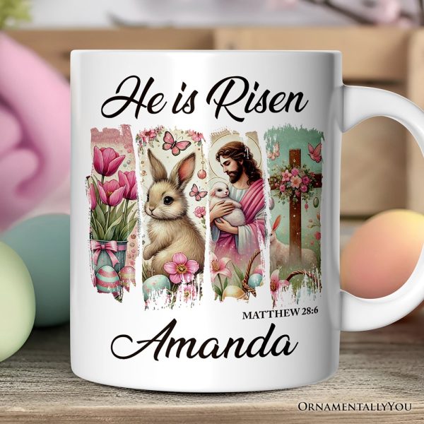 He Is Risen Easter Jesus Personalized Mug, Matthew 28:6 Christian Gift With Custom Name He Is Risen Easter Jesus Personalized Mug, Matthew 28:6 Christian Gift With Custom Name