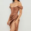 High Split Ruched Off Shoulder Satin Midi Corset Dress - Coffee High Split Ruched Off Shoulder Satin Midi Corset Dress - Coffee