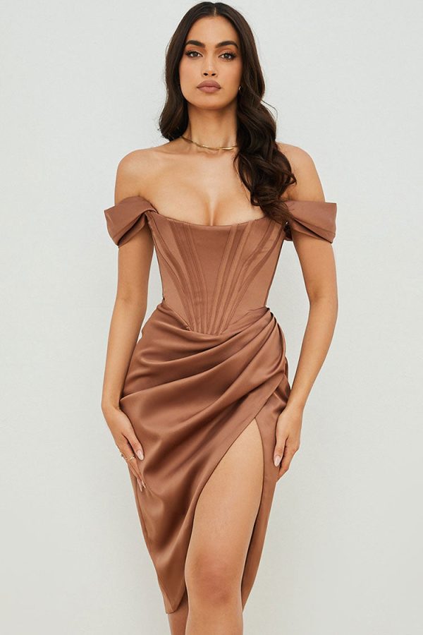 High Split Ruched Off Shoulder Satin Midi Corset Dress - Coffee High Split Ruched Off Shoulder Satin Midi Corset Dress - Coffee