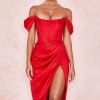 High Split Ruched Off Shoulder Satin Midi Corset Dress - Red High Split Ruched Off Shoulder Satin Midi Corset Dress - Red