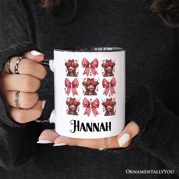 Highland Cow Coquette Bow Valentine Personalized Mug, Cute Hearts Western Gift with Custom Name Highland Cow Coquette Bow Valentine Personalized Mug, Cute Hearts Western Gift with Custom Name