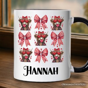 Highland Cow Coquette Bow Valentine Personalized Mug, Cute Hearts Western Gift with Custom Name