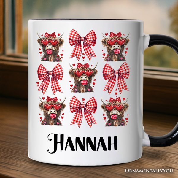 Highland Cow Coquette Bow Valentine Personalized Mug, Cute Hearts Western Gift with Custom Name Highland Cow Coquette Bow Valentine Personalized Mug, Cute Hearts Western Gift with Custom Name