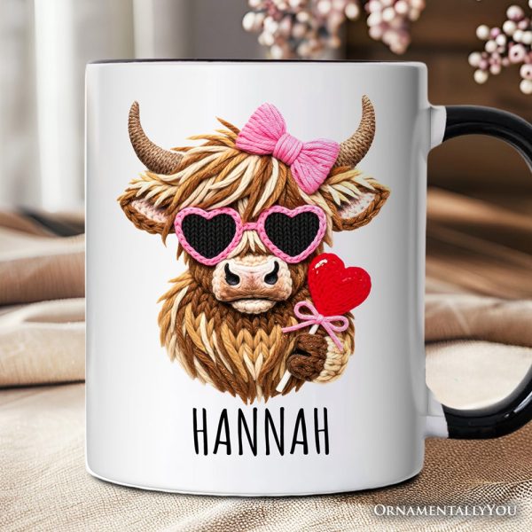 Highland Cow Faux-Yarn Valentine Personalized Mug, Cute Knit Coquette Gift with Custom Name Highland Cow Faux-Yarn Valentine Personalized Mug, Cute Knit Coquette Gift with Custom Name