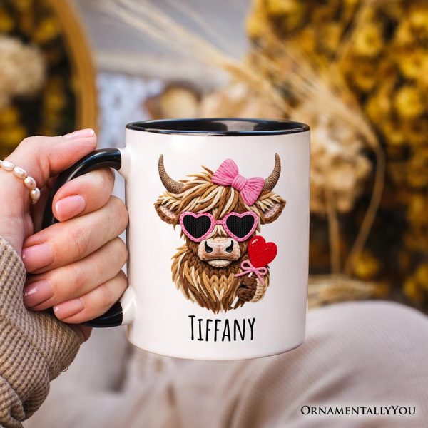 Highland Cow Faux-Yarn Valentine Personalized Mug, Cute Knit Coquette Gift with Custom Name Highland Cow Faux-Yarn Valentine Personalized Mug, Cute Knit Coquette Gift with Custom Name