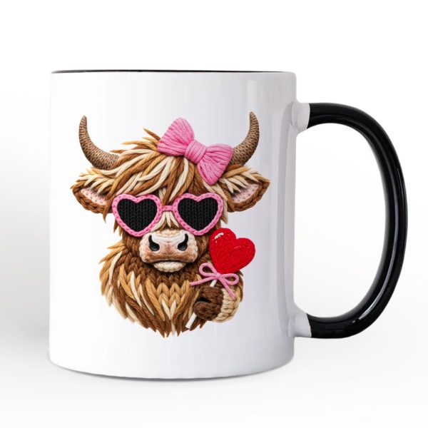 Highland Cow Faux-Yarn Valentine Personalized Mug, Cute Knit Coquette Gift with Custom Name Highland Cow Faux-Yarn Valentine Personalized Mug, Cute Knit Coquette Gift with Custom Name
