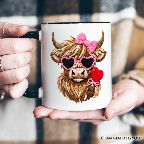 Highland Cow Faux-Yarn Valentine Personalized Mug, Cute Knit Coquette Gift with Custom Name Highland Cow Faux-Yarn Valentine Personalized Mug, Cute Knit Coquette Gift with Custom Name