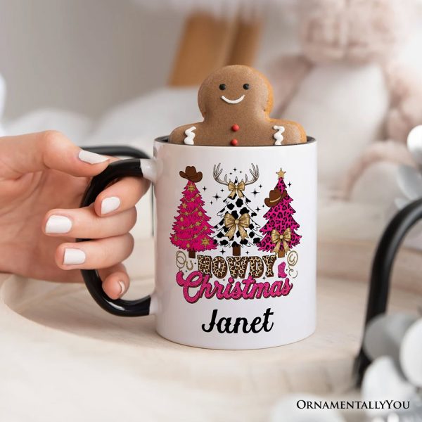 Howdy Pink Christmas Western Christmas Personalized Mug, Leopard Print Retro Holiday Gift with Custom Name