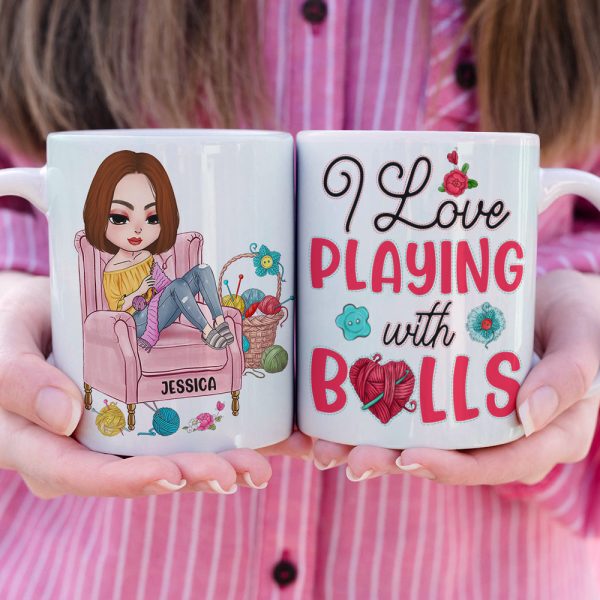 I Love Playing With Balls, Personalized White Mug, Gift for Knitting and Crochet Lovers