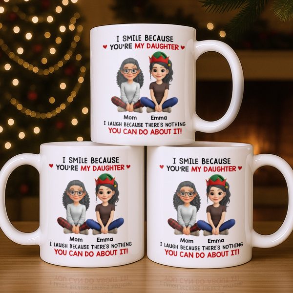 I Smile Because You're My Daughter, Cartoon Figures and Christmas Sweaters - Personalized Custom Coffee Mug - FAM770_MG I Smile Because You're My Daughter, Cartoon Figures and Christmas Sweaters - Personalized Custom Coffee Mug - FAM770_MG