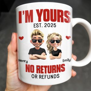 I'm Yours No Returns Or Refunds, Cartoon Couple With Hearts - Personalized Custom Coffee Mug - CPL548_MG