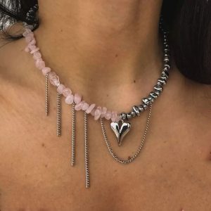 Irregular Pink Stone Beaded Heart Pendant Choker Necklace