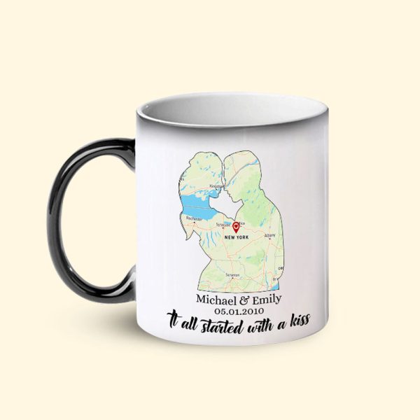 It All Started With A Kiss Custom Map Couple Mug, Gift For Couple