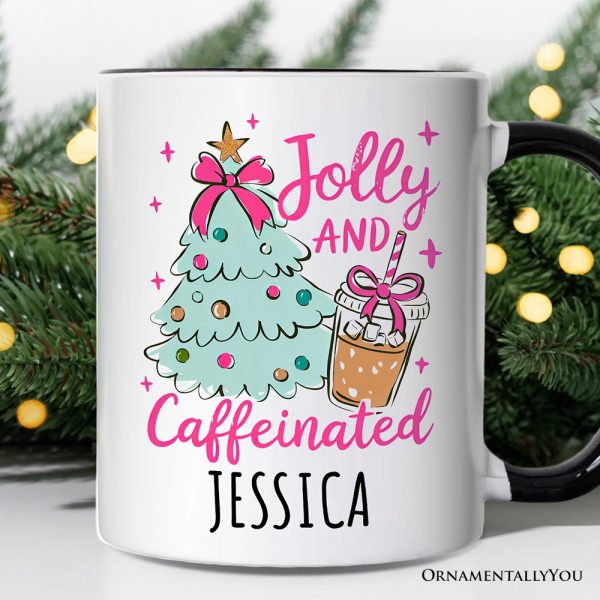 Jolly and Caffeinated Christmas Personalized Mug, Retro Coquette Coffee Holiday Gift with Custom Name Jolly and Caffeinated Christmas Personalized Mug, Retro Coquette Coffee Holiday Gift with Custom Name