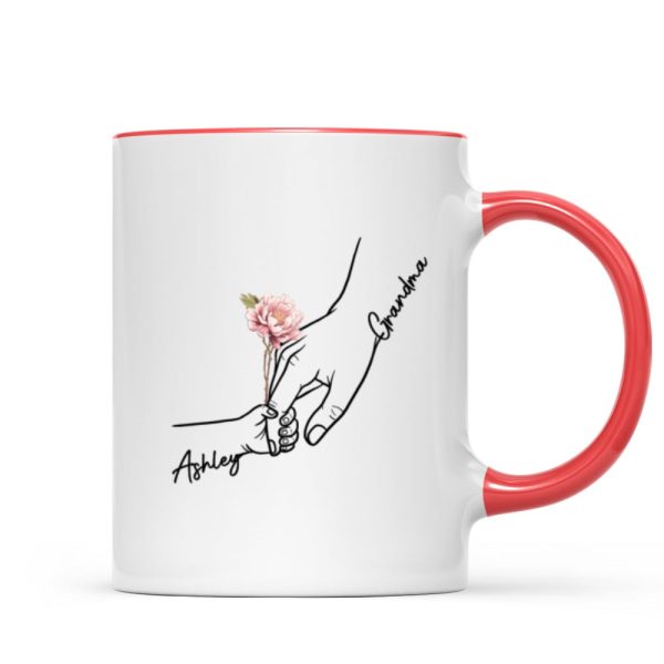 Kids Holding Grandma Mom Hand Birth Month Flowers Personalized Mug
