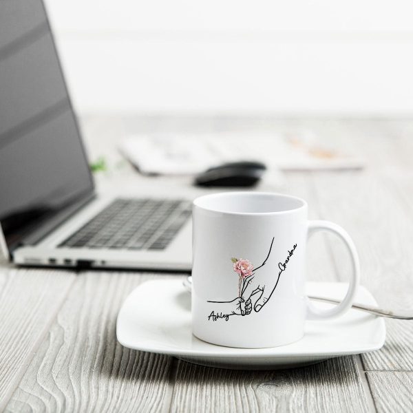Kids Holding Grandma Mom Hand Birth Month Flowers Personalized Mug