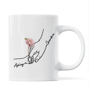 Kids Holding Grandma Mom Hand Birth Month Flowers Personalized Mug
