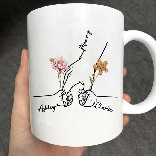 Kids Holding Grandma Mom Hand Birth Month Flowers Personalized Mug