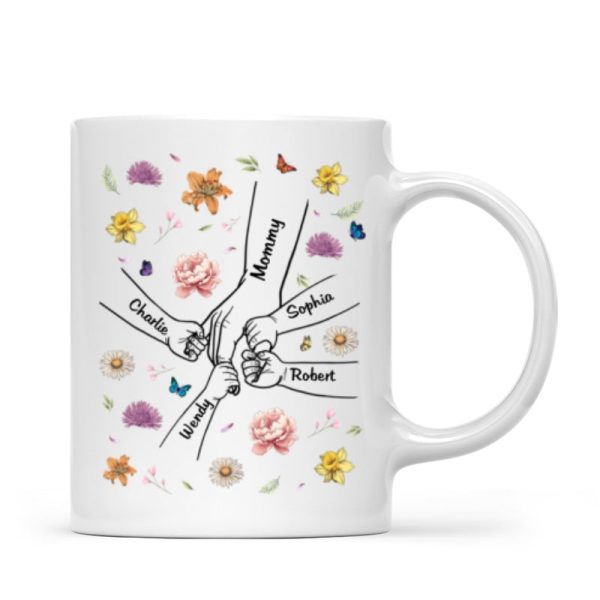Kids Holding Mom Grandma Hand Birth Month Flowers Background Personalized Mug