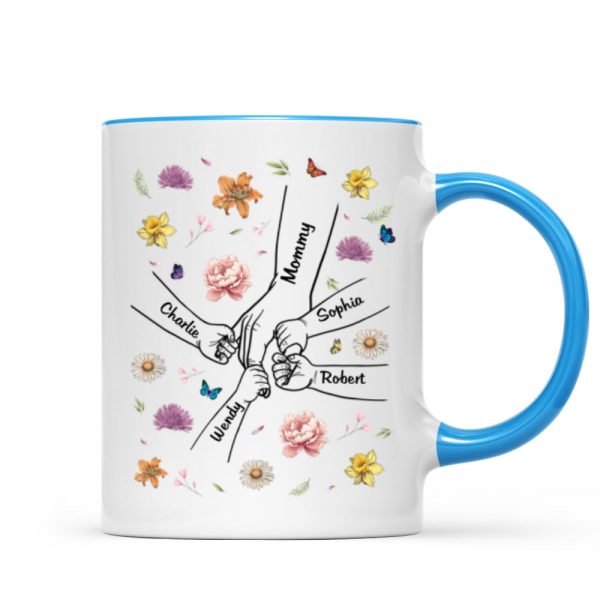 Kids Holding Mom Grandma Hand Birth Month Flowers Background Personalized Mug