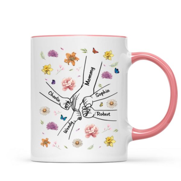 Kids Holding Mom Grandma Hand Birth Month Flowers Background Personalized Mug