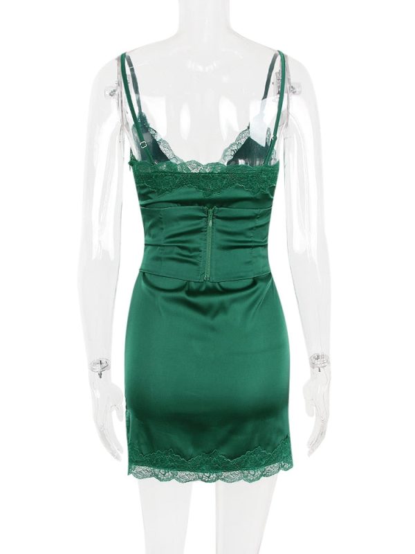 Lace Trim Satin Slip Mini Dress With Corset Lace Trim Satin Slip Mini Dress With Corset